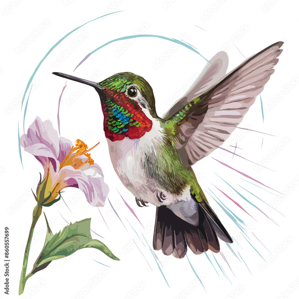 Obraz premium Hummingbird, vector illustration of paradise hummingbird bird, Hummingbirds isolated, Hummingbird flower, isolated background 