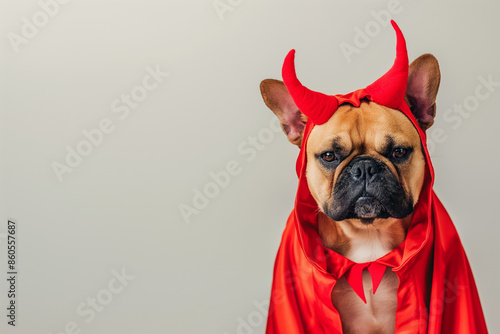 The image features a French bulldog in a devil costume, complete with horns and a red cape. Ideal for celebrating Halloween and capturing the playful spirit of the season with pets