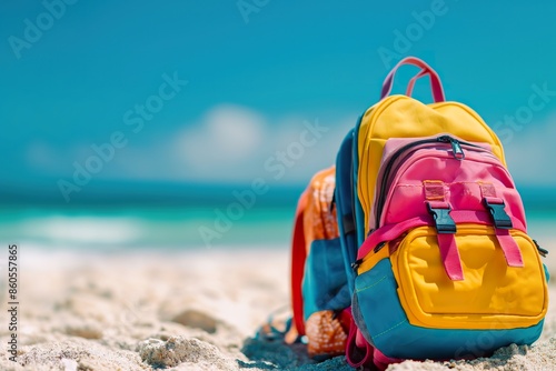 Fototapeta Naklejka Na Ścianę i Meble -  Colorful backpacks sit on a sandy beach with the ocean in the background.
