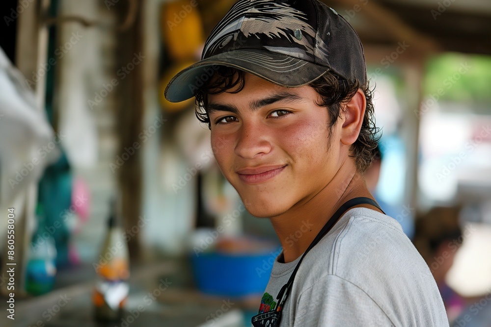 A young man working a summer job, smiling while standing near a market stall. A young man working a summer job, smiling while standing near a market stall.