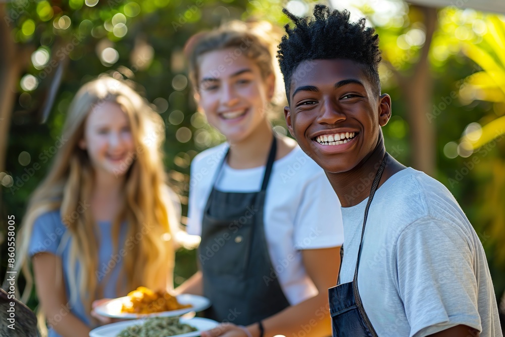 Three teenagers, wearing aprons, work at a restaurant during the summer. Three teenagers, wearing aprons, work at a restaurant during the summer.