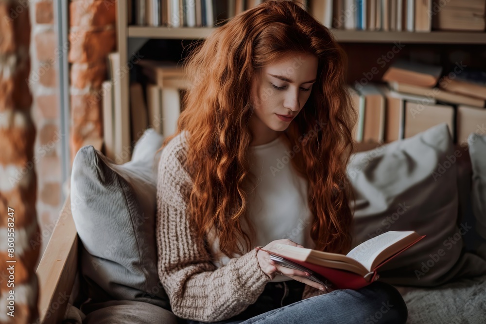 A young woman with long red hair sits on a couch and reads a book in a home library. A young woman with long red hair sits on a couch and reads a book in a home library.