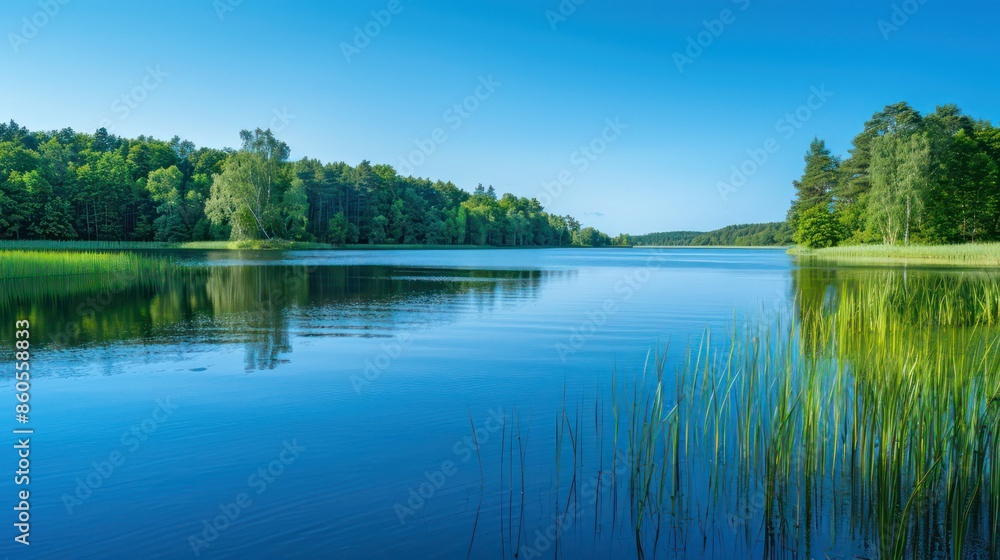 Obraz premium Calm lake reflecting the lush greenery and clear blue sky