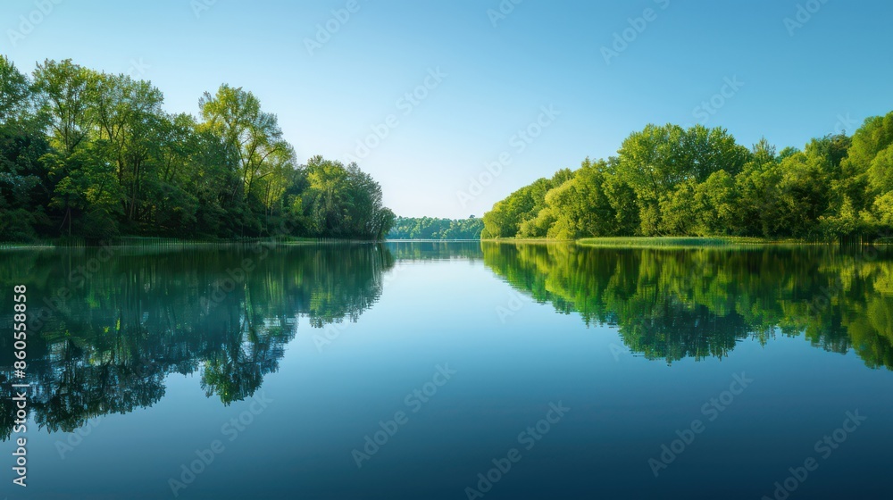 Calm lake reflecting the lush greenery and clear blue sky Calm lake reflecting the lush greenery and clear blue sky