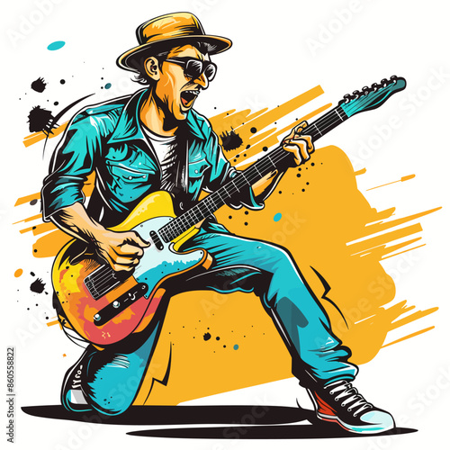 A man is playing a guitar with a yellow pick. He is wearing a blue shirt and blue jeans in retro comic style.
