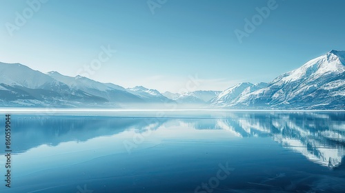 Frozen lake, its smooth surface reflecting the surrounding snow-capped mountains and clear blue sky, creating a tranquil and breathtaking winter landscape