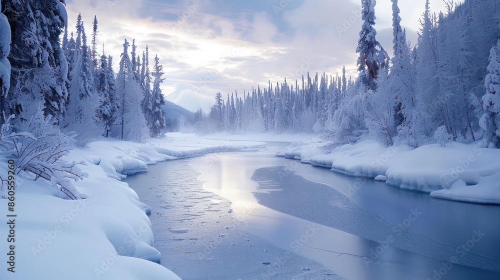 Frozen river winding through a snow-covered forest Frozen river winding through a snow-covered forest