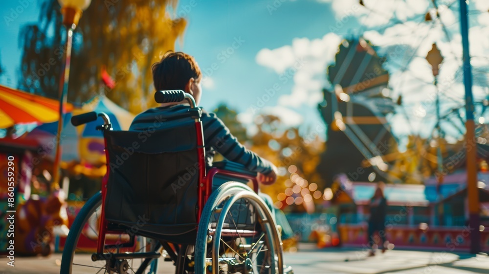 Obraz premium Wheelchair User Enjoying a Fun Day at an Amusement Park with Friends - Inclusivity and Joy
