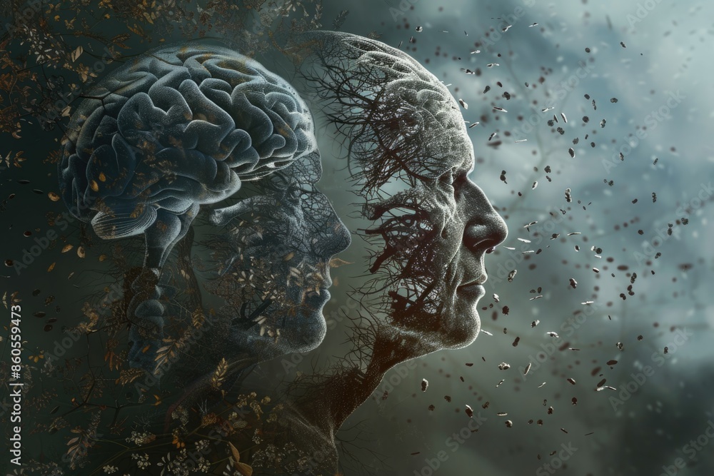 Two faces made of brains and tree branches Two faces made of brains and tree branches