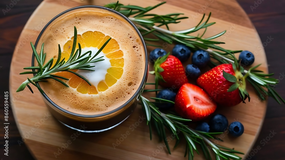 Glass of iced americano black coffee and layer of orange with rosemary blueberries orange and strawberry on wood Glass of iced americano black coffee and layer of orange with rosemary blueberries orange and strawberry on wood