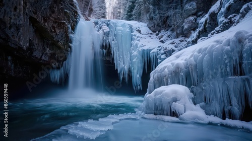 Frozen waterfall, its cascading waters transformed into icy sculptures