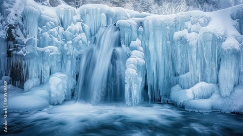 Frozen waterfall, its cascading waters transformed into icy sculptures