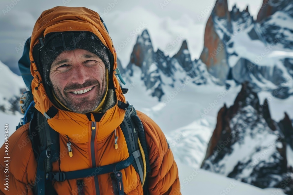 A man wearing a bright orange jacket and a hat is smiling at the camera A man wearing a bright orange jacket and a hat is smiling at the camera