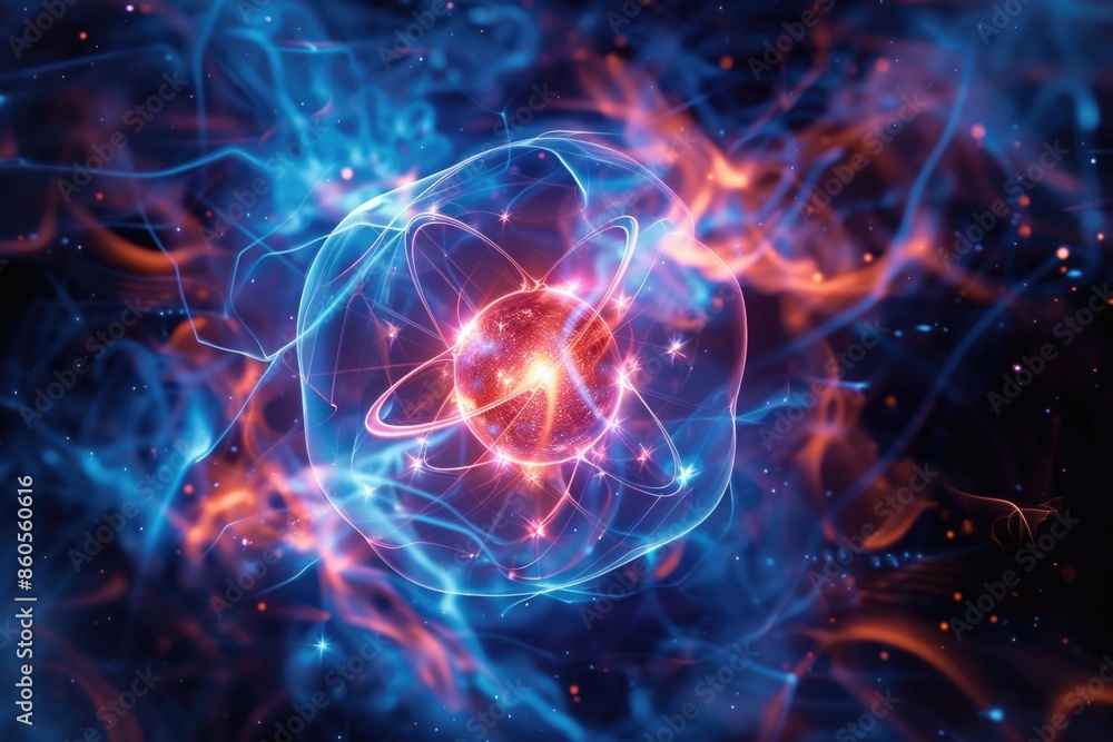 A glowing sphere of blue and red with a yellow center A glowing sphere of blue and red with a yellow center