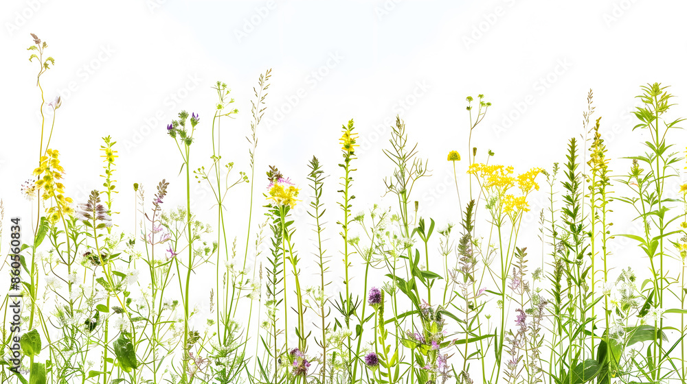 Many various stems of meadow grass with yellow white and purple flowers isolated on white background : Generative AI Many various stems of meadow grass with yellow white and purple flowers isolated on white background : Generative AI