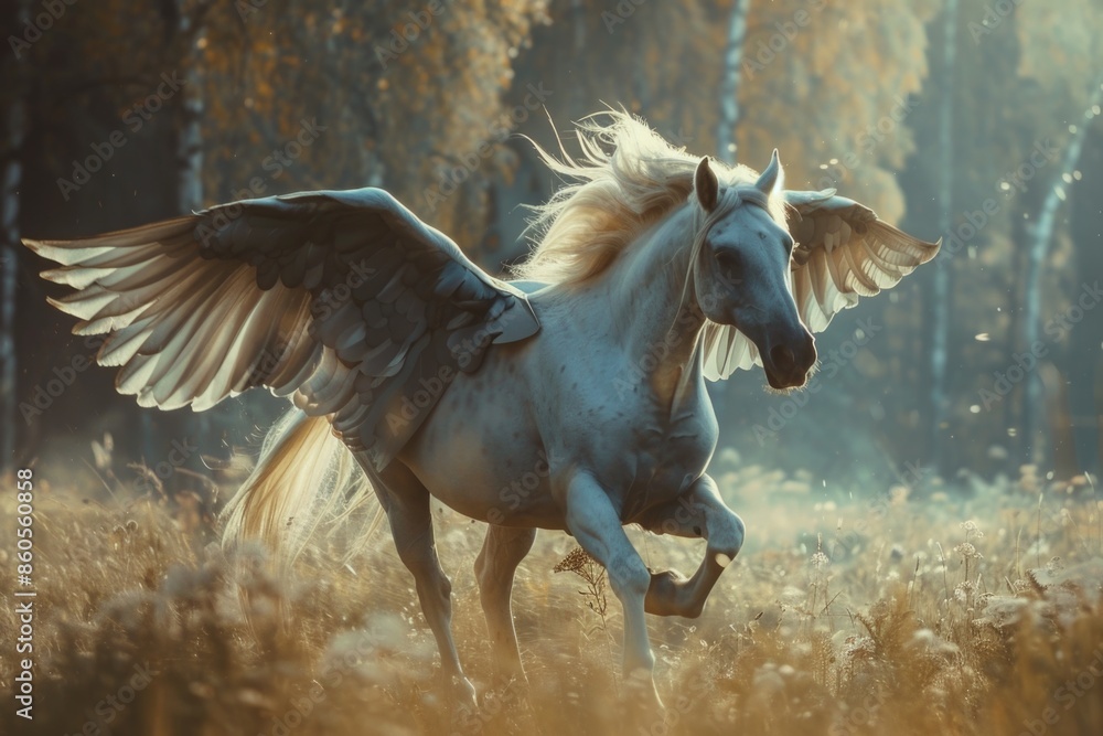 A white horse with wings is running through a field of tall grass A white horse with wings is running through a field of tall grass