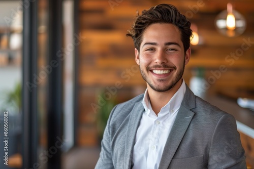 Confident Young Professional in Modern Office Setting Showcasing Quality Shave and Stylish Outfit