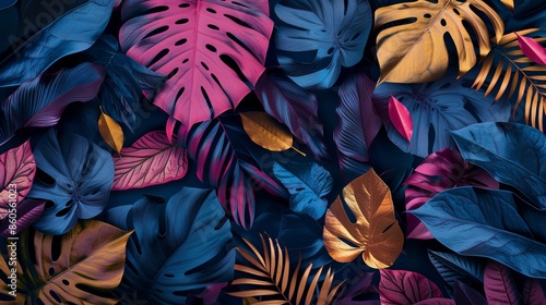 Vivid tropical leaves wallpaper with blue, gold, and pink rose hues. Seamless 3D design ideal for digital paper, websites, or home decor.