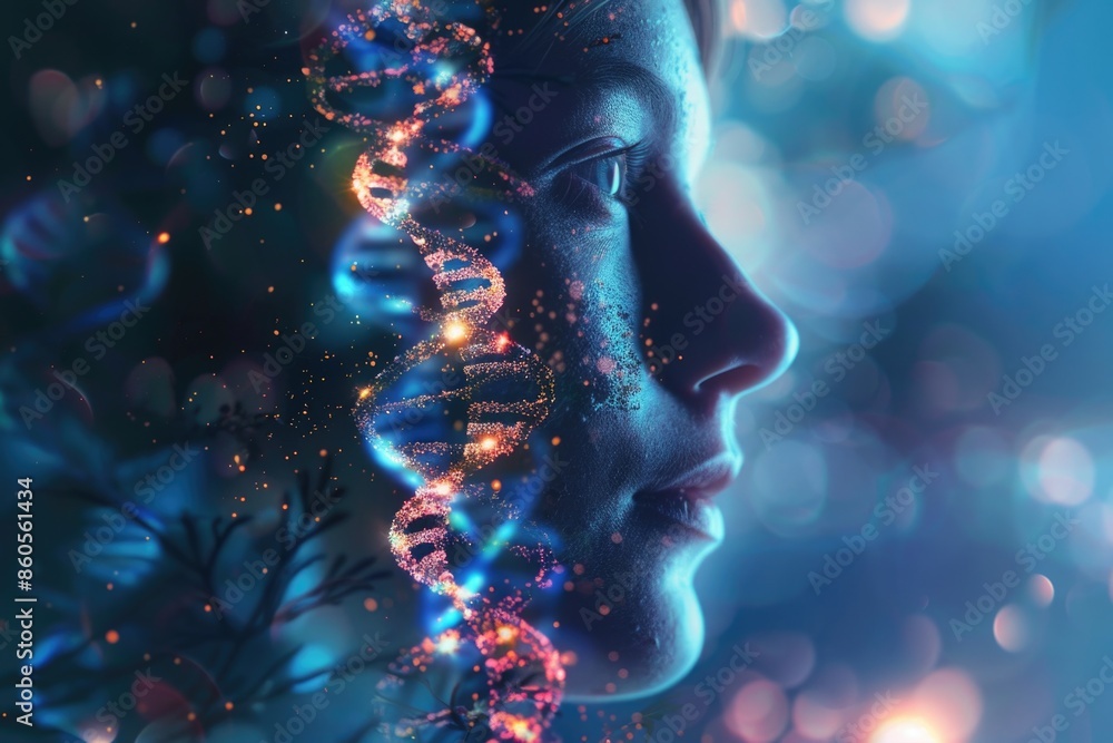 A digital illustration depicting a human profile with a glowing DNA strand intertwining with their features, representing the intricate connection between genetics and identity A digital illustration depicting a human profile with a glowing DNA strand intertwining with their features, representing the intricate connection between genetics and identity