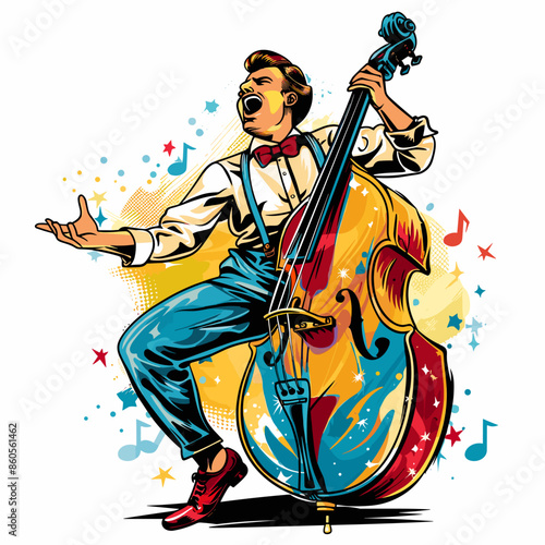 A man playing a cello with a bow on his head. The image has a fun and playful mood in retro comic style.