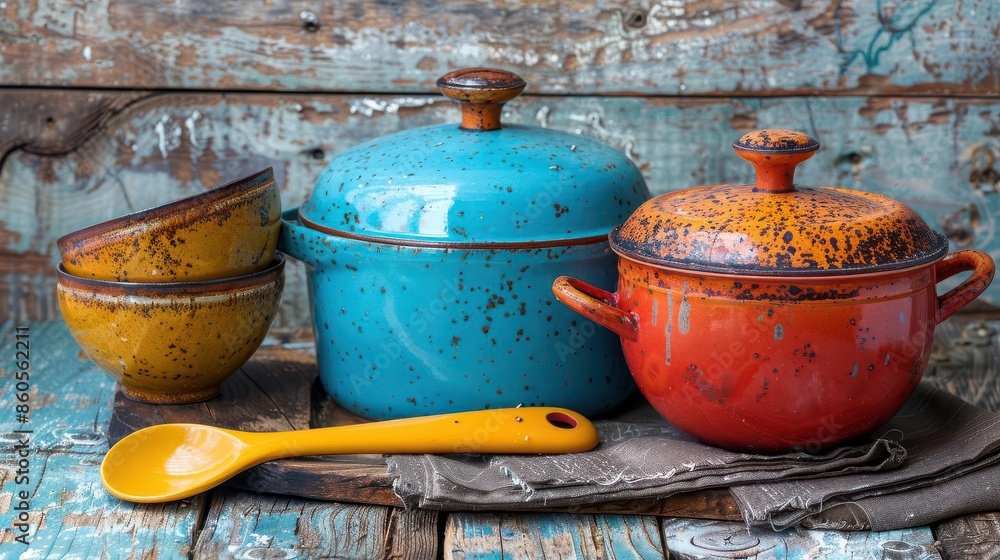 Fototapeta premium A nostalgic scene with vibrant retro cookware on a weathered wooden table