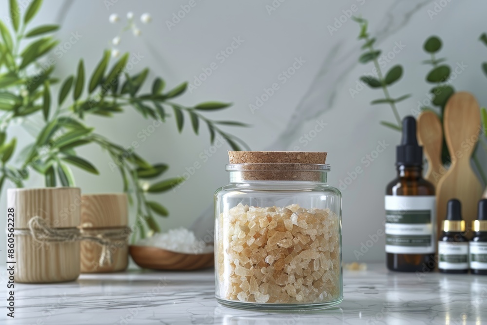 Elegant Glass Jar of Natural Air Freshener Beads with Essential Oils on Marble Countertop - Spa Decor Elegant Glass Jar of Natural Air Freshener Beads with Essential Oils on Marble Countertop - Spa Decor