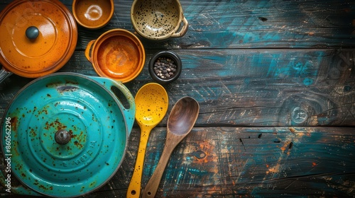 A collection of colorful vintage kitchen utensils photo