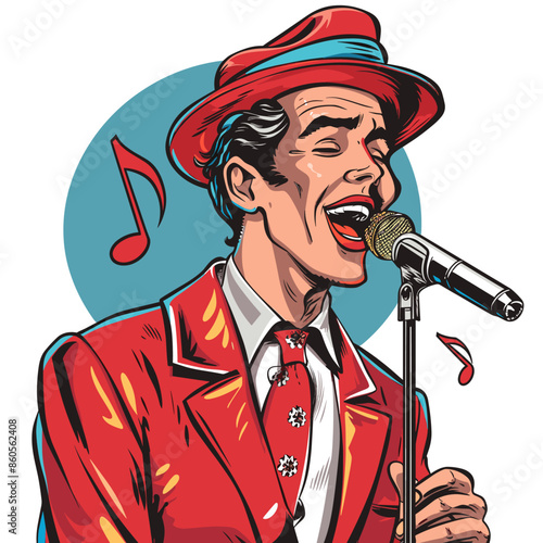 Vector illustration of a singer in a red suit with a microphone.