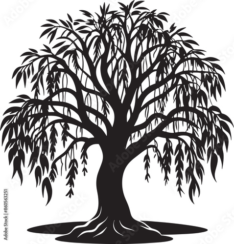 Willow tree silhouette black and white illustration