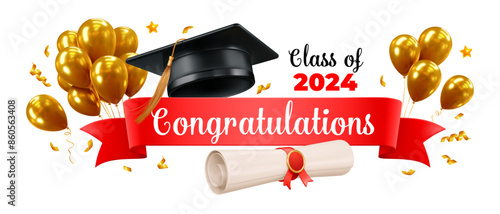 Template of congratulations graduates, with 3d realistic graduation cap, volumetric red ribbon, golden balloons and diploma for high school, university or college graduation. Vector illustration