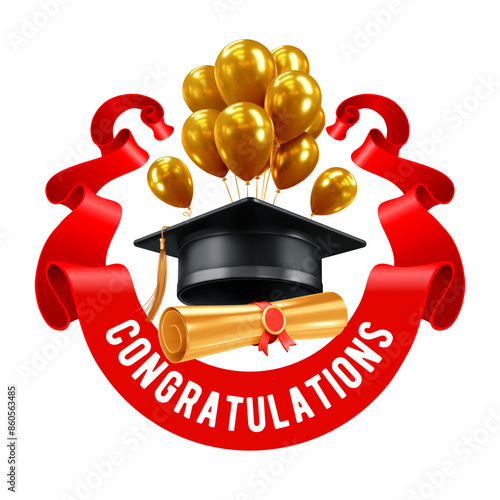 Template of congratulations graduates, with 3d realistic graduation cap, volumetric red ribbon, golden balloons and diploma for high school, university or college graduation. Vector illustration