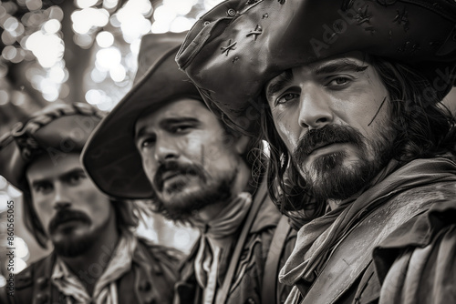 A hite photo of three men dressed as the Three Musketeers.