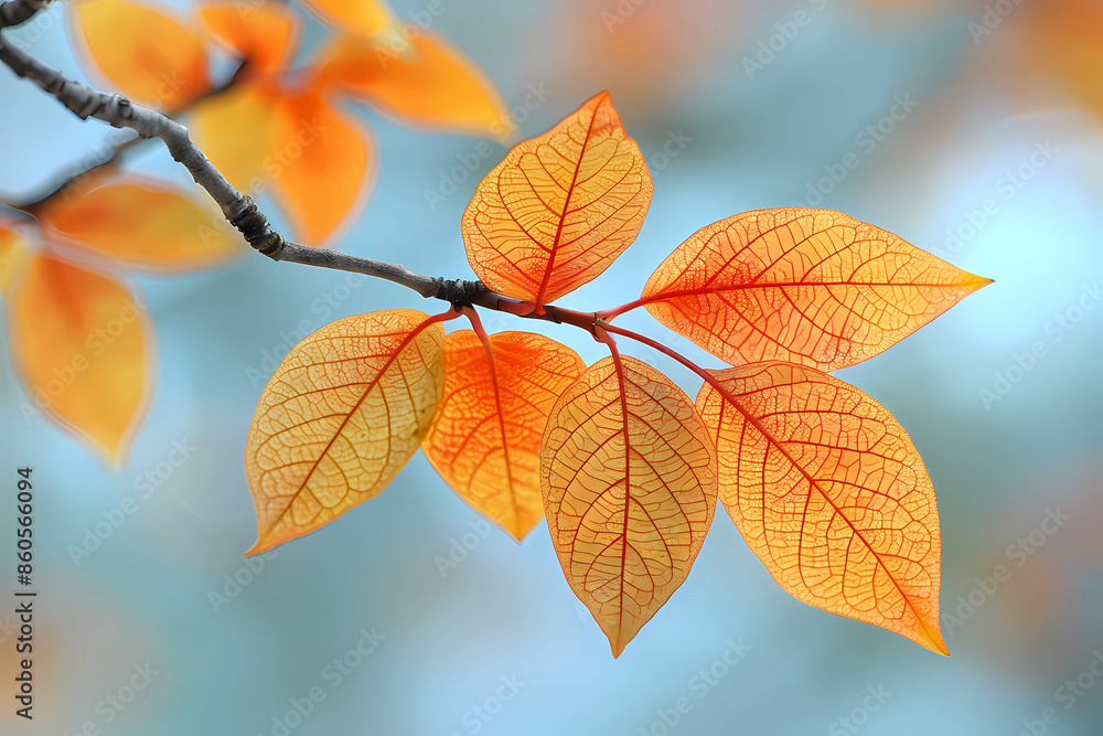 The intricate details of autumn leaves burst forth in vivid shades of orange and red, standing out brilliantly against the softly blurred blue sky background, capturing the essence of fall The intricate details of autumn leaves burst forth in vivid shades of orange and red, standing out brilliantly against the softly blurred blue sky background, capturing the essence of fall