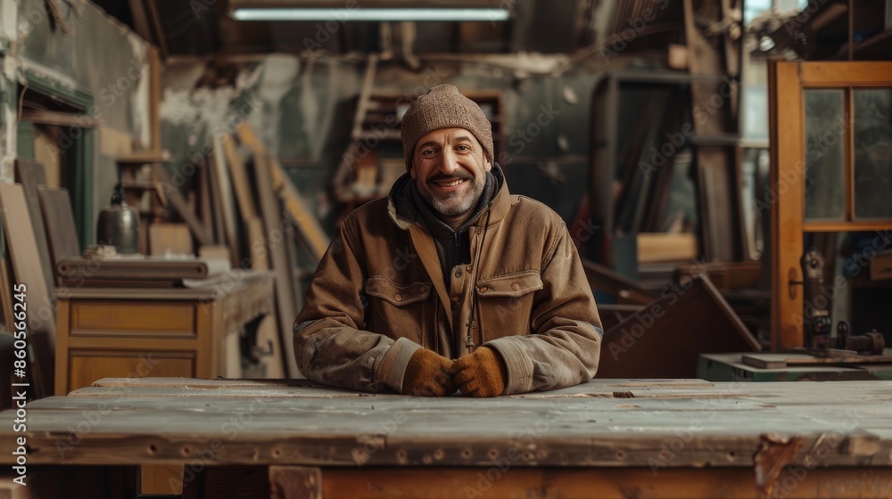 Smiling Carpenter in Workshop: Portrait of a Skilled Craftsman at Workbench. Generative ai Smiling Carpenter in Workshop: Portrait of a Skilled Craftsman at Workbench. Generative ai