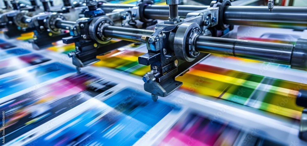 Fototapeta premium High-speed printing process with vibrant colors, highlighting modern printing technology and machinery in a professional print shop. fast-paced environment, Atmospheric