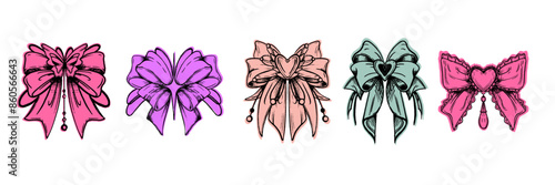 Doodle bow icon set, ribbon collection, vector hand drawn vintage cute hair girly decor accessory. Feminine romantic tattoo sketch, line bowknot cartoon design. Doodle bow festive heart brooch clipart