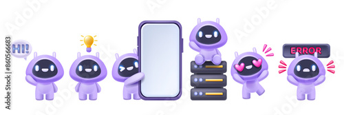 3D AI chat bot icon set, robot character, vector cute cartoon artificial intelligence online support. Kawaii smart virtual assistant, customer service interface mascot concept. 3D bot message clipart