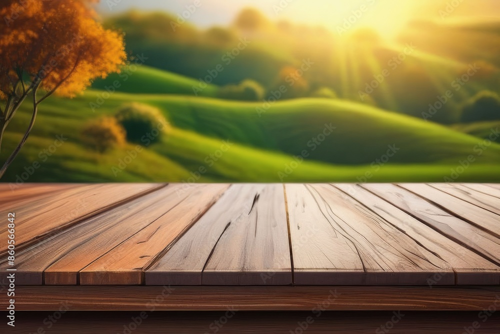 The empty wooden table top with blur background of tea plantation. Exuberant image