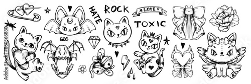Grunge doodle cat set, tattoo sketch kitten, vector hand drawn gothic girly animals, punk scribble. Y2k emo rock romantic illustration, Valentine love symbol, crayon inscription, rose. Ink doodle cat
