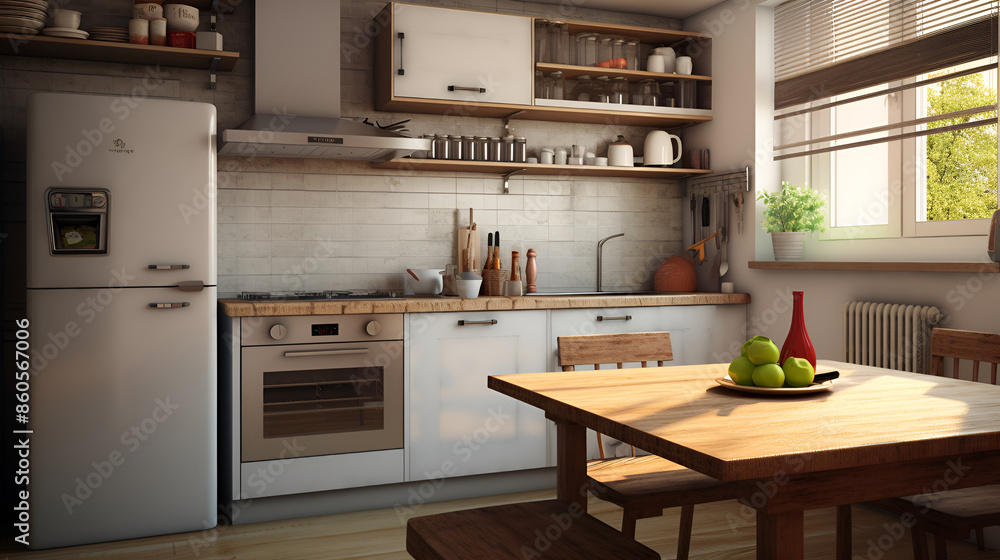 Stylish kitchen interior with morning light in large window ,Cozy scandi style kitchen background,3d rendering of a modern kitchen in a loft with wooden floor Stylish kitchen interior with morning light in large window ,Cozy scandi style kitchen background,3d rendering of a modern kitchen in a loft with wooden floor