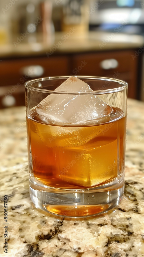 Close up of a glass of whiskey on the rocks sitting on a bar counter. Close up of a glass of whiskey on the rocks sitting on a bar counter.