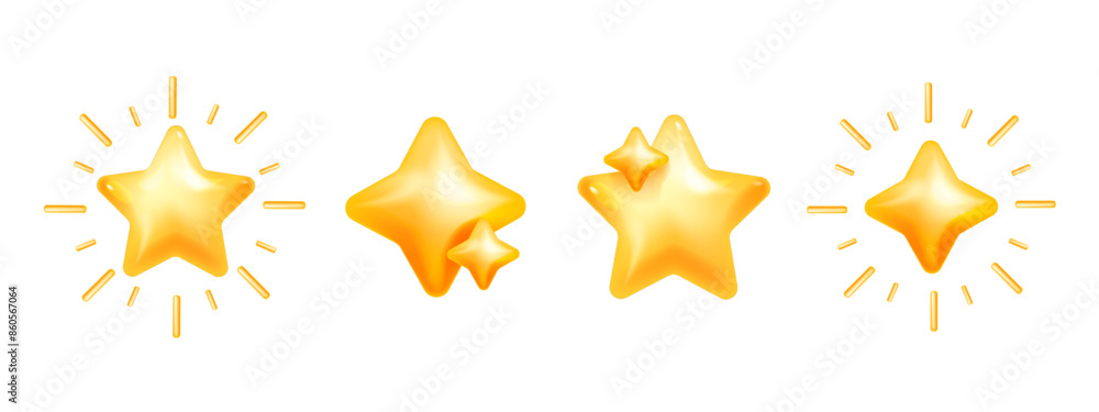 3D star icon set, vector plastic cosmic sticker, yellow y2k trendy sky holiday decor collection kit. New Year Christmas festive shapes, sparkle ray, social media quality service rate. 3D star clipart 3D star icon set, vector plastic cosmic sticker, yellow y2k trendy sky holiday decor collection kit. New Year Christmas festive shapes, sparkle ray, social media quality service rate. 3D star clipart