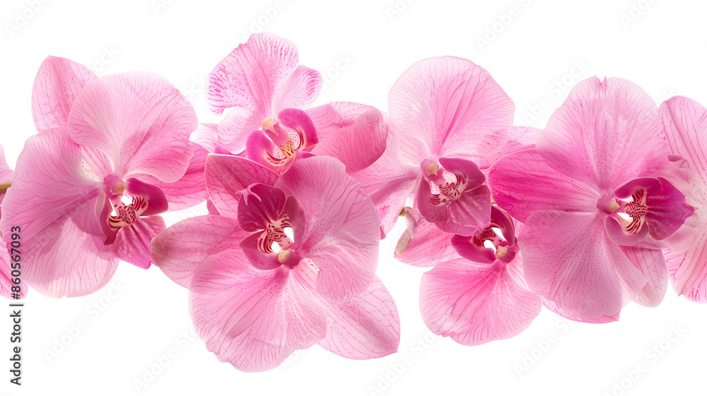 Fototapeta premium Orchid flowers creative layout isolated on white background Pink flower composition Holiday concept Floral design element Top view flat lay : Generative AI