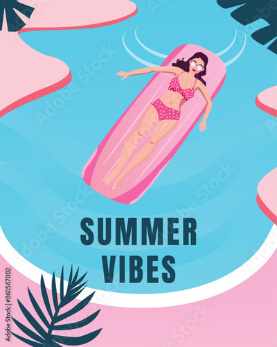 Woman in a pink swimsuit in the pool on a pool mattress summer illustration, banner