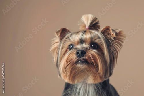 Adorable small yorkshire terrier groomed using a comb on neutral background. Banner design for pet grooming services. Ideal for advertising