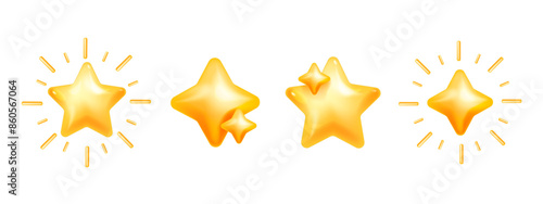 3D star icon set, vector plastic cosmic sticker, yellow y2k trendy sky holiday decor collection kit. New Year Christmas festive shapes, sparkle ray, social media quality service rate. 3D star clipart