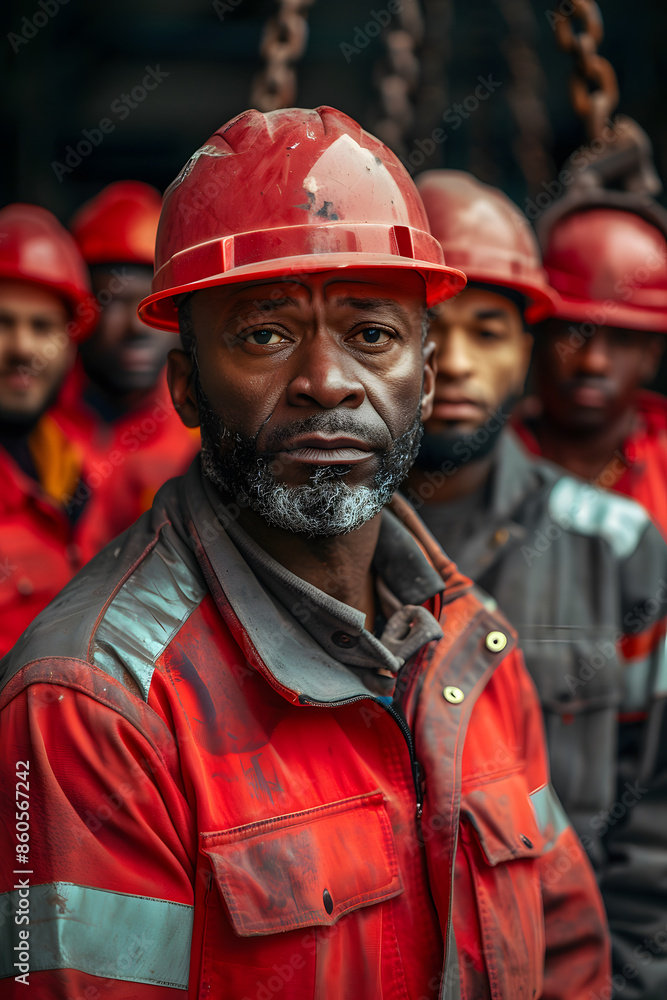 Obraz premium Oil Workers in Red Work Clothes
