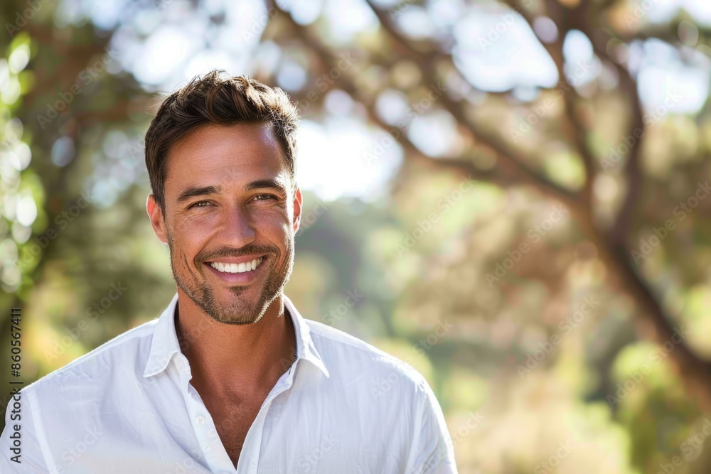 Confident Man in Business Casual Outfit Smiling Outdoors with Fresh Look for Professional Marketing Confident Man in Business Casual Outfit Smiling Outdoors with Fresh Look for Professional Marketing