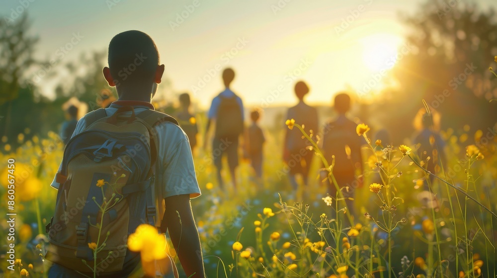 Fototapeta premium Young Boy with Backpack Walking in Flower Field at Sunset. Generative ai