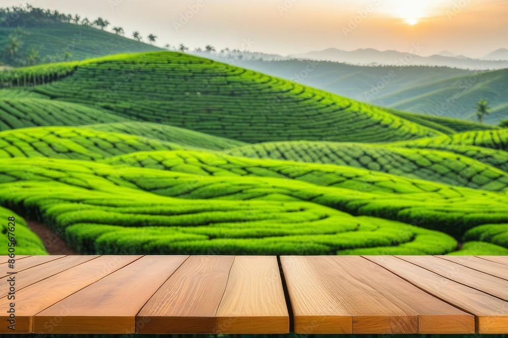 The empty wooden table top with blur background of tea plantation. Exuberant image
